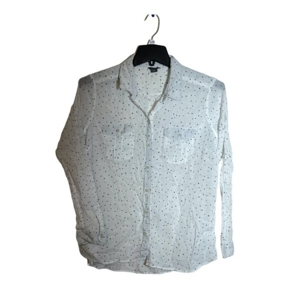 Eddie Bauer Womens 100% Cotton White Polka Dot Button Up Blouse